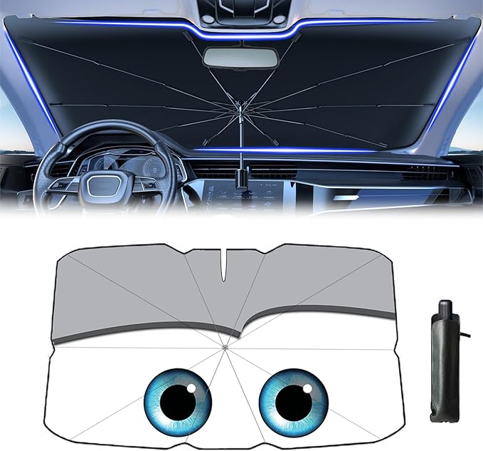 Windshield Sun Shade 2025 Car Accessories 100% Blackout Car Front Windsow Shades Umbrella Automotive Sun Visor Block Heat Insulation Protection (Gry Eyes)