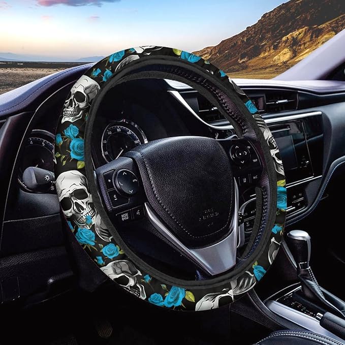 AFPANQZ Skulls Print Car Steering Wheel Cover Stretch-on Fabric Neoprene Comfortable Grip Automotive Steering Wheel Protector Adult Anti-Slip Universal 15 inch Machine Washable Gray