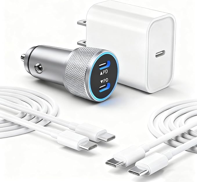 iPhone 17 16 15 Car Charger, 20W Dual Port USBC Fast Car Charger with 20W PD Type C Adapter + 2Pack 3FT USB C to C Charging Cable Fast Charging for iPhone 17/17 Pro/Air/16e/16/15 Pro Max/Airpods/iPad