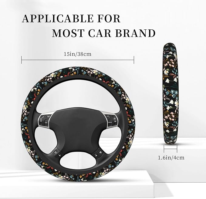 Chic Wildflowers Steering Wheel Cover for Men Women Universal Car Accessories 15 Inch Neoprene Auto Interior Decor