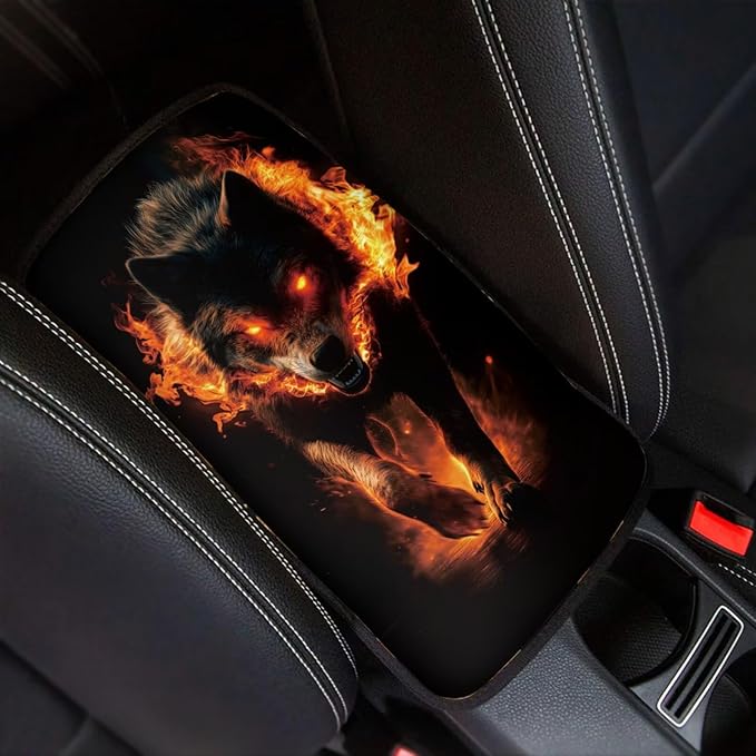 Wolf Print Armrest Cushion Cover for Car Dirt-Resistant & Scratch Proof Auto Armrest Seat Box Cover Protector Universal Fit Auto Interior Decor