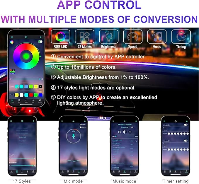 Acrylic Interior Car LED Strip Light with Motion-Activated Switch, 55.1" Neon Ambient Light, RGB Colors, APP/Touch Control, Music Sync