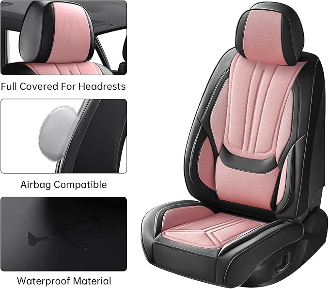 Car Seat Covers, Premium Leather Car Seat Covers, Waterproof and Breathable Seat Covers, Universal Car Seat Protector Fit for Cars, Trucks, SUVs, Pick-ups (Black & Pink, FullSet)