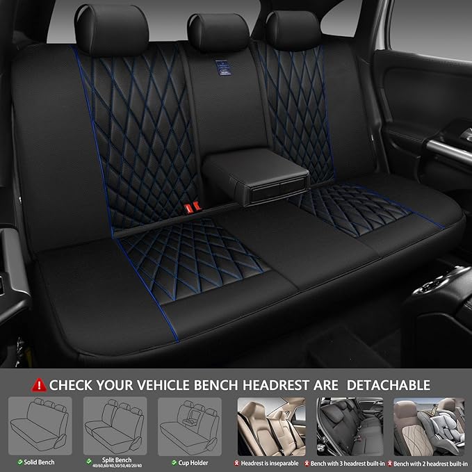 CAR PASS Piping Luxury Leather Seat Covers Full Set,5 Seats Anti-Slip Waterproof Seat Covers Compatible with Front Armrests,Universal Fit for Sendan SUV Van Truck,Airbag Compatible,Black and Blue