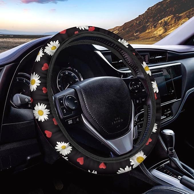 AFPANQZ Cute Daisy Pattern Steering Wheel Cover for Women Sweat Absorbing Non-Slip Steering Wheel Protection Case Machine Washable Universal White Flower on Black