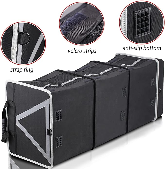 Homeve Trunk Organizer, Car Storage, Reinforced Handles, Collapsible Multi-Compartment, Foldable, Waterproof, Sturdy, 600D Oxford Polyester For Car, SUV, Mini-Van, Black-Large, 3 Compart
