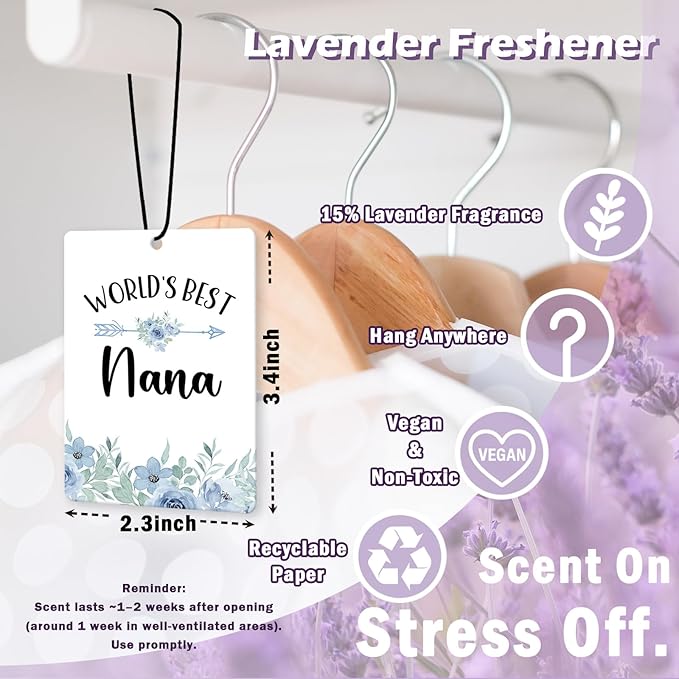 Nana Grandma Gifts Car Air Freshener Accessories 3pcs, World's Best Gifts for Granmda Christmas, Blue Flower Rustic Hanging Scent Lavender Fragrance Card for Women Closet Bathroom Home Decor
