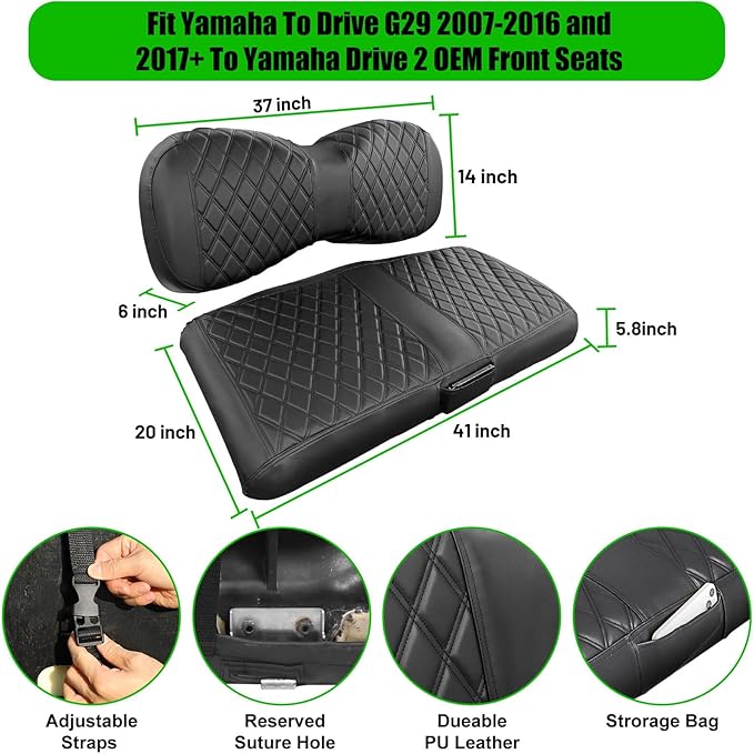 Golf Cart Seat Covers Compatible with Yamaha Drive G29 2007-2016 and 2017+ Drive 2 Carts, Made Thick Premium Marine Leather Custom Diamond Stripe Soft Comfortable/Anti-Scratch/Anti-Fading