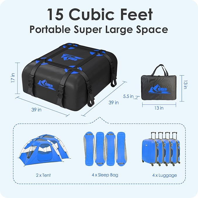 Car Rooftop Cargo Carrier Bag 15 Cubic Feet, 100% Waterproof Heavy Duty Car Roof Bag for All Vehicle with/Without Racks - Anti-Slip Mat, 4 Door Hooks, Storage Bags, 4PCS 3.8CM Straps(Blue)