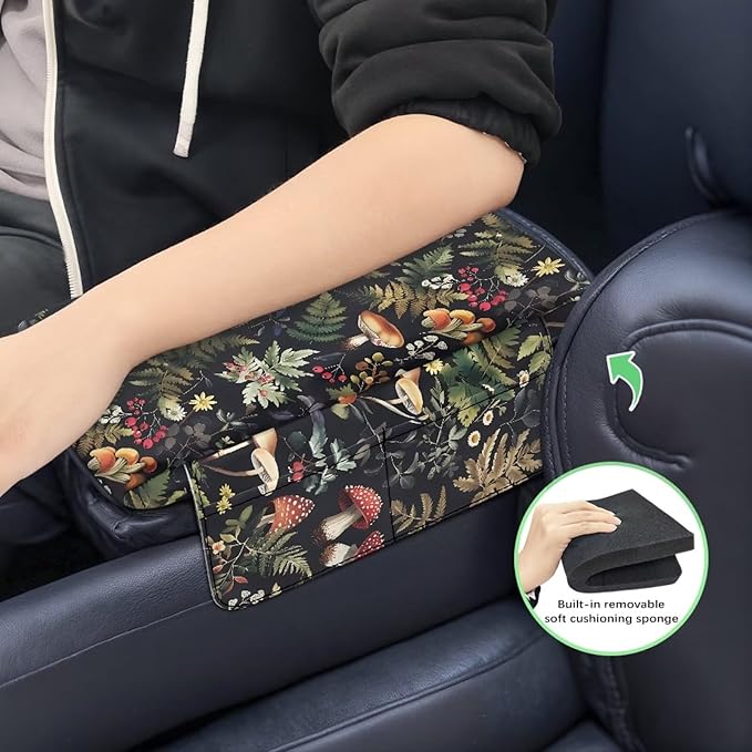 Dreaweet Car Center Console Cover Mushroom Car Arm Rest Cover Pad with Pockets Cute Car Accessories for Women Soft Comfy Thick Armrest Cover for Car SUV Sedan Truck