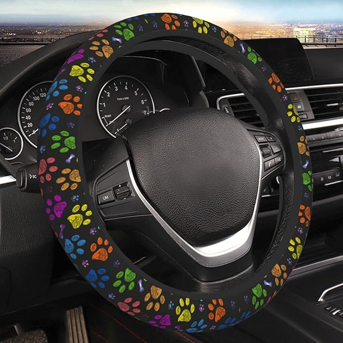Dog Paw Print Steering Wheel Cover Women Men Elastic Stretch Soft Car Wheel Protector Universal Breathable No-Slip Car Accessories for Truck Van SUV Auto Fit 14-15 Inches