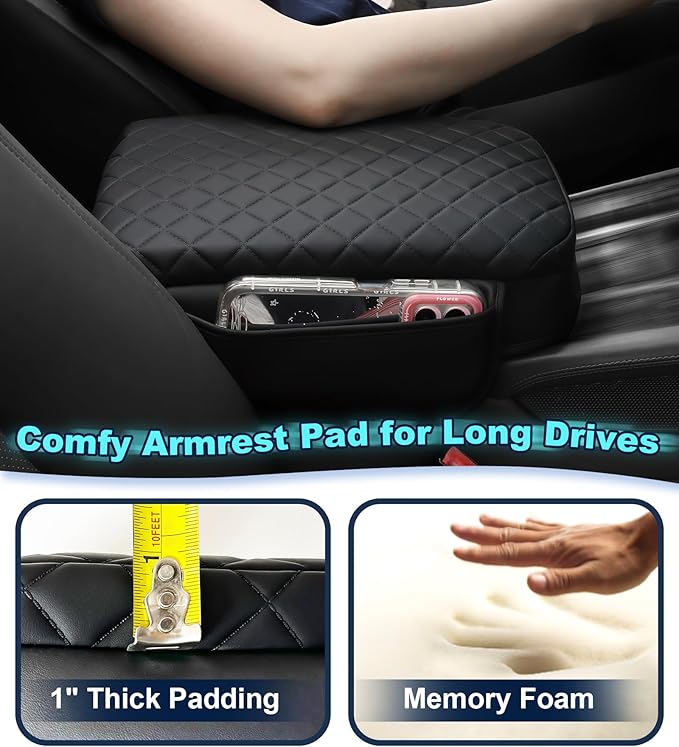 Armrest Cover for Nissan Frontier 2022-2025 Center Console Pad with Organizer Storage Pockets, Black Faux Leather Arm Rest Lid Protector Cushion D41 Interior Accessories