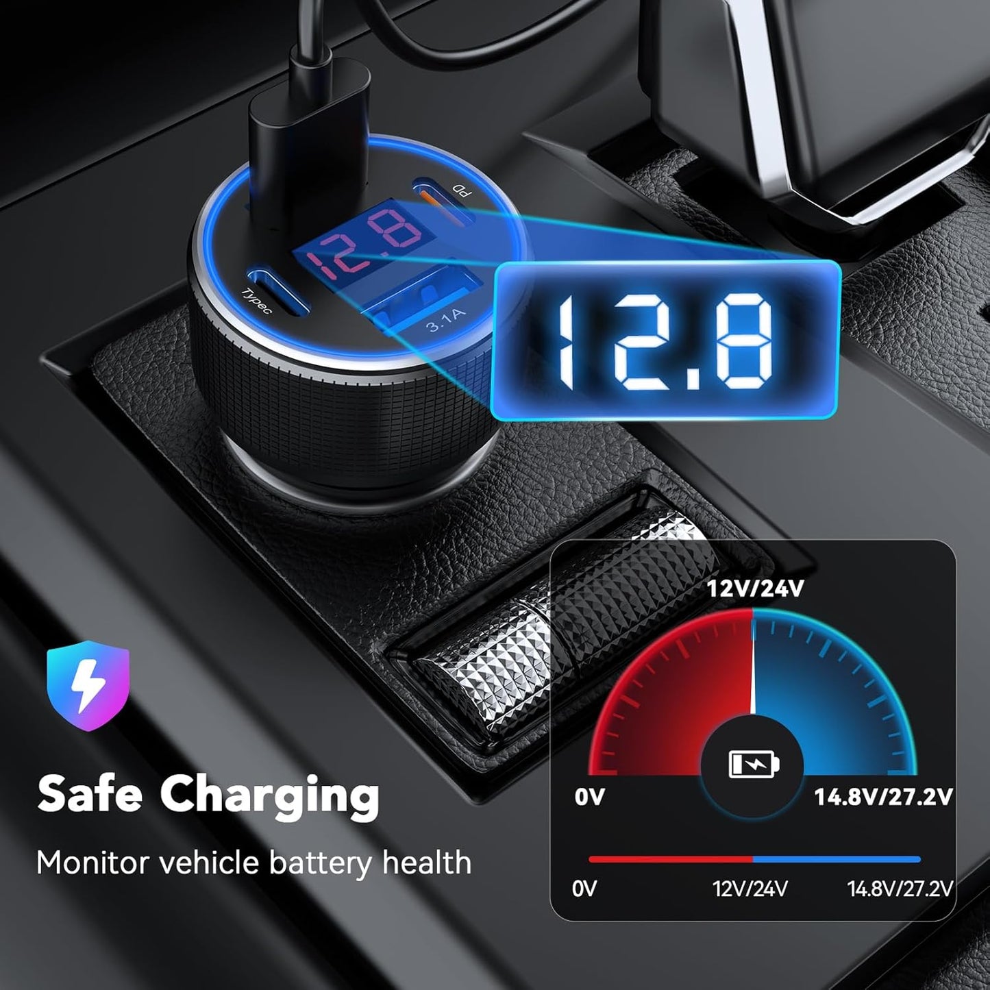 iPhone 16/15 Car Charger Adapter, 78W 4 Port USB C Car Charger with Voltmeter Fast Charging for iPhone 16 Pro/15/14/13, Samsung Galaxy, iPad