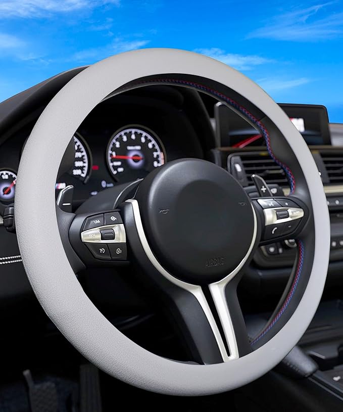 ESEWALAS Car Silicone Steering Wheel Cover,Soft Odorless Silicone Leather Texture Steering Cover,Universal 13-15inch Car Steering Wheel Protector (Grey)