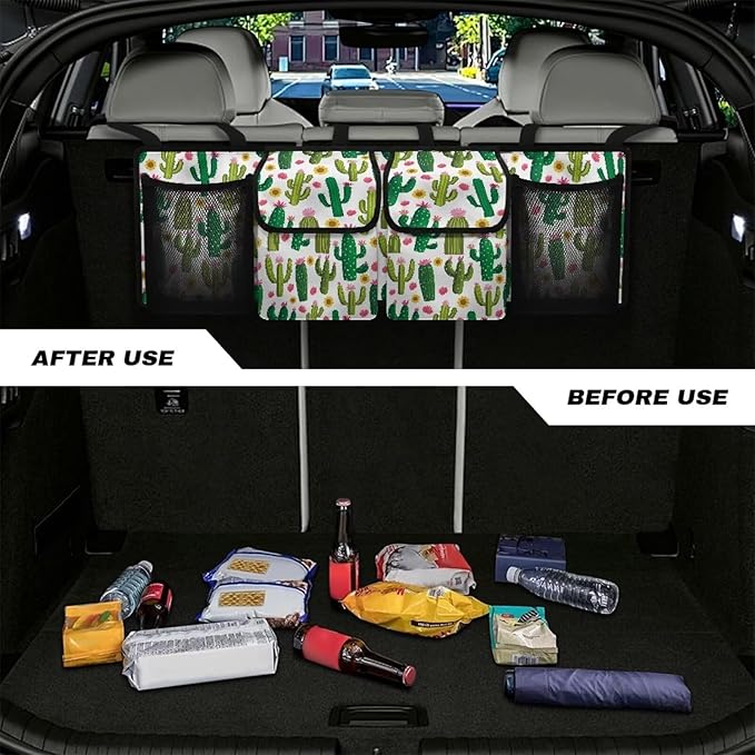 Cactus Car Hanging Trunk Organizer Cargo Storage Bag Car Interior Accessories with 2 Pockets & 2 Mesh Pouches for Groceries Universal for Most SUV Sedan Truck