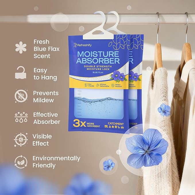 Moisture Absorbers and Humidity Absorber Bags for Closet - 10 Pack High-Efficiency Moisture Absorber and Humidity Packs for Home, Moisture Bags and Dehumidifier Bags for Car Blue Flax, 10 Pack
