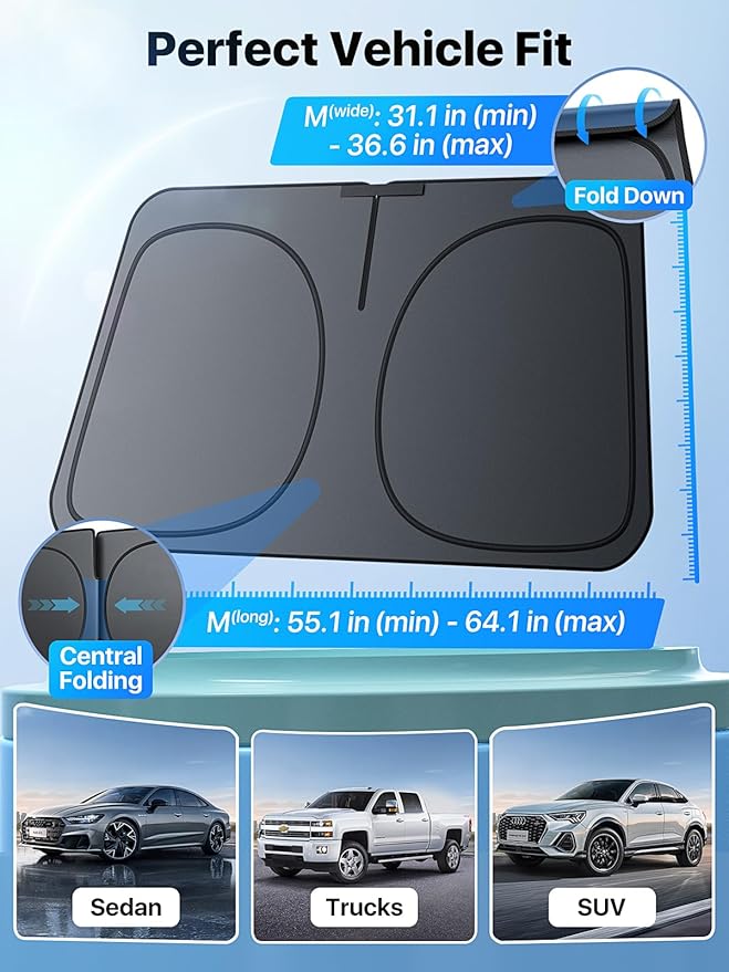 2026 Upgraded Nmoiss Car Windshield Sun Shade [Dot Matrix Reflective Coating] Extended Edge No Light Leakage Design Cooling Protect Car Interior from UV Damage Small