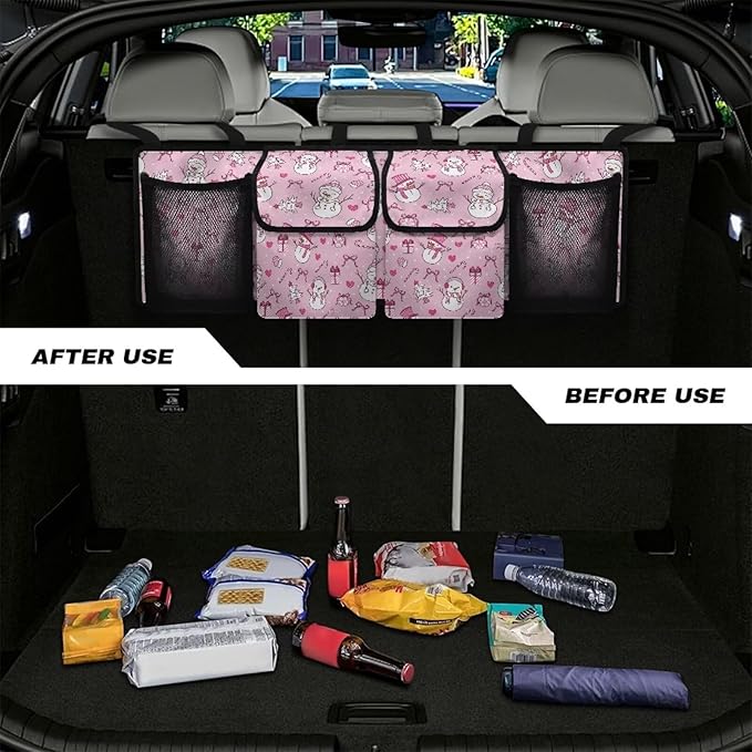 Christmas Snowman Car Trunk Organizer Hanging Auto Back Seat Storage with 4 Pockets Car Interior Accessories for SUV MPV Hatchback Crossover Minivan Truck