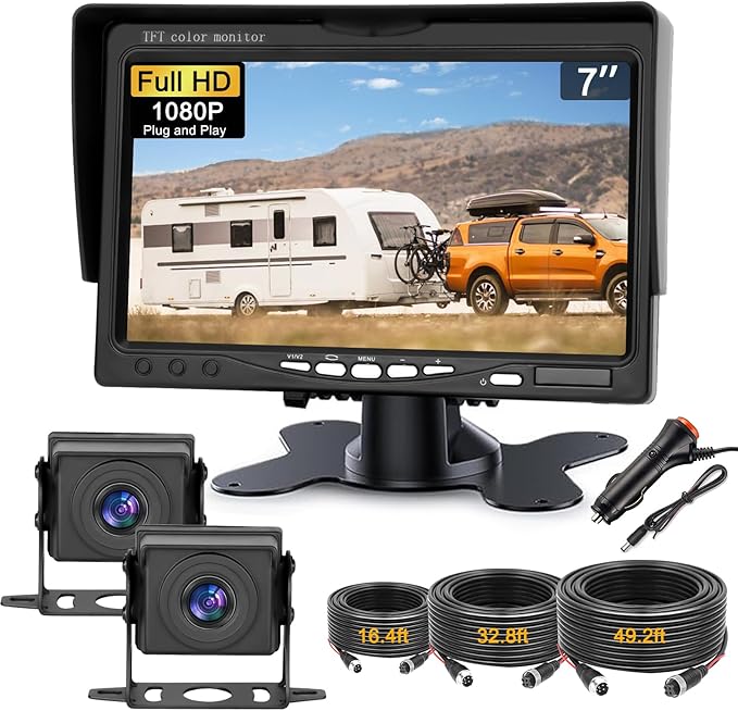 Kairiyard Dual RV Backup Camera with 7 Inch Monitor, AHD 1080P, 2 Channel, DIY Guide Lines 150 Degree Wide View Angel Wired Reverse Rear View Camera for Truck Car Trailer Camper Tractor