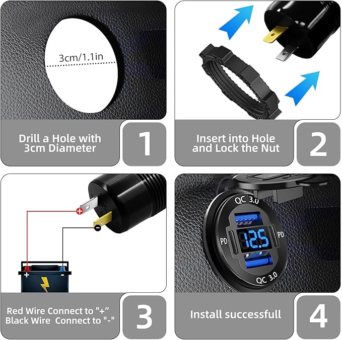 Upgraded 4 Port 12V USB Outlet, 78W Dual PD & QC Aluminum Alloy USB Ports with LED Voltmeter Waterproof for Cars, Cigarette Lighter Replacement 12V Socket for Boats RV Trucks and Motorcycles