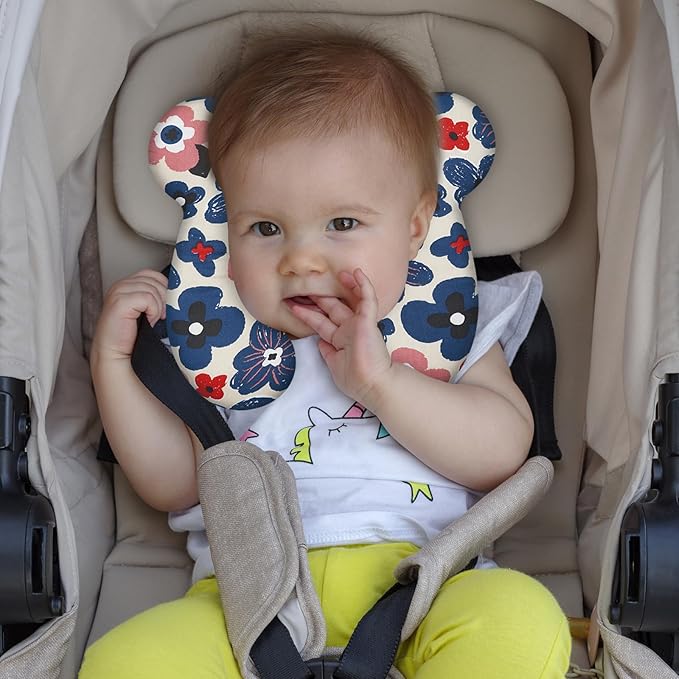 Baby Travel Pillow, Upgrade U-Shape Infant Pillow for Car Seat Pushchair and Stroller, Soft Comfortable Sleep Cushion for Kids Newborn and Toddler -Flower Blue