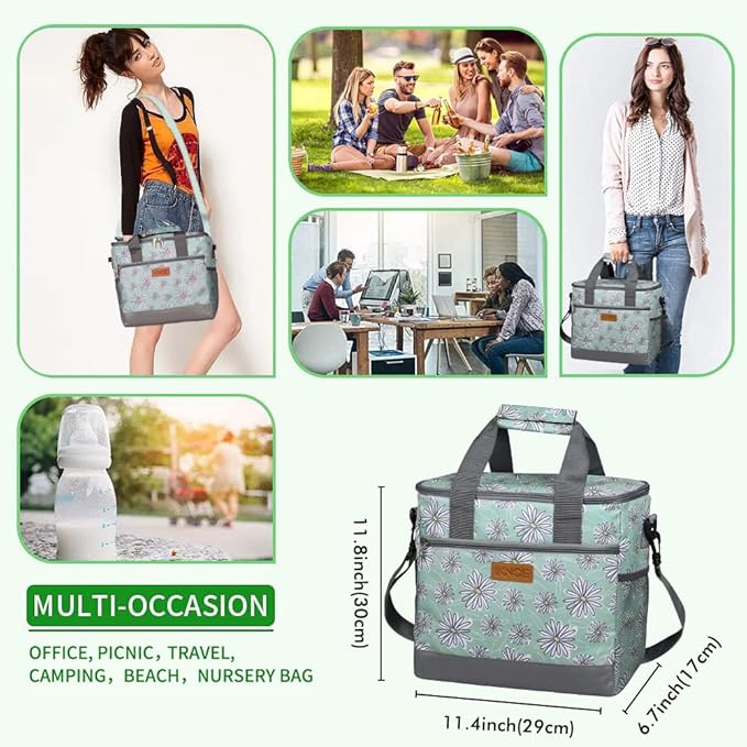 Iknoe Large Cooler Bag Collapsible 24 Can Insulated Bags Leakproof Lunch Cooler Tote with Multi-Pockets for Adult Insulated Thermal Bag for Beach, Picnic, Office Work(Daisy)