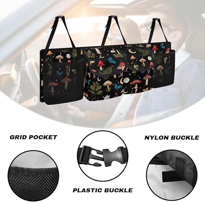 Mushroom Trunk Organizer Women Small SUV Trunk Organizers and Storage, Machine Washable Car Travel Accessories with 4 Pockets Are Deep Enough That Things Won't Sag or Fall Out
