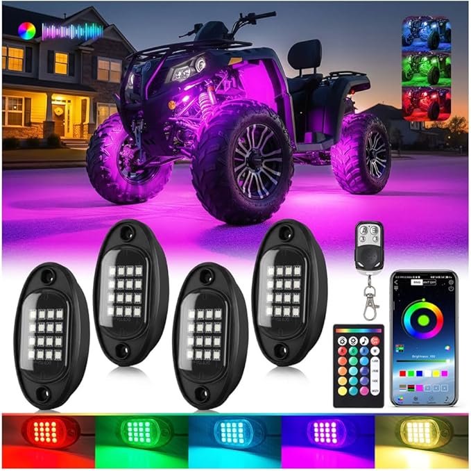 4Pods RGB LED Rock Lights for UTV SXS RZR Can-Am Four Wheeler Side by Side ATV Offroad Golf Cart, Multicolor Underglow Light Kit with APP/RF Remote Music Sync Neon Vehicle Accent Light 12V Waterproof