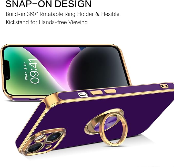 VENINGO Compatible with Apple 14 Case,Phone Case for 14,Slim Fit Soft 360° Ring Holder Kickstand Magnetic Car Mount Supported Easy Clean Shockproof Protective Cover for Apple 14 6.1", Deep Purple