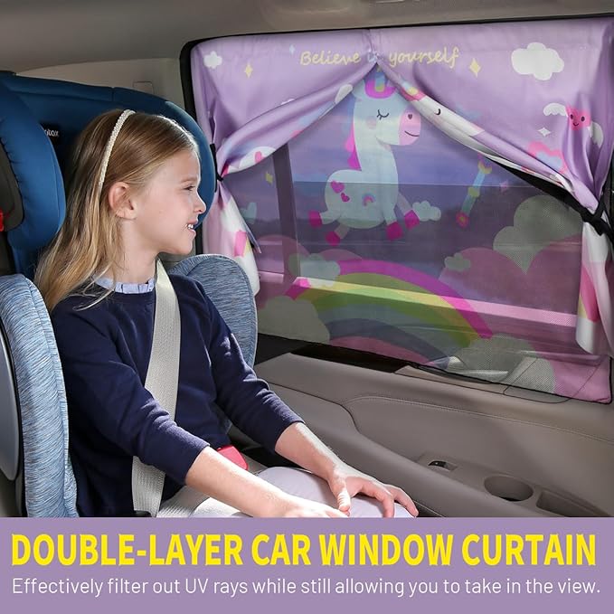 Car Window Shades, 2 PCS Magnetic Double Layer Car Sun Shade for Side Windows Privacy Full Covers/Half Shade Options Unicorn Patterns Car Window Curtains for Baby Protection