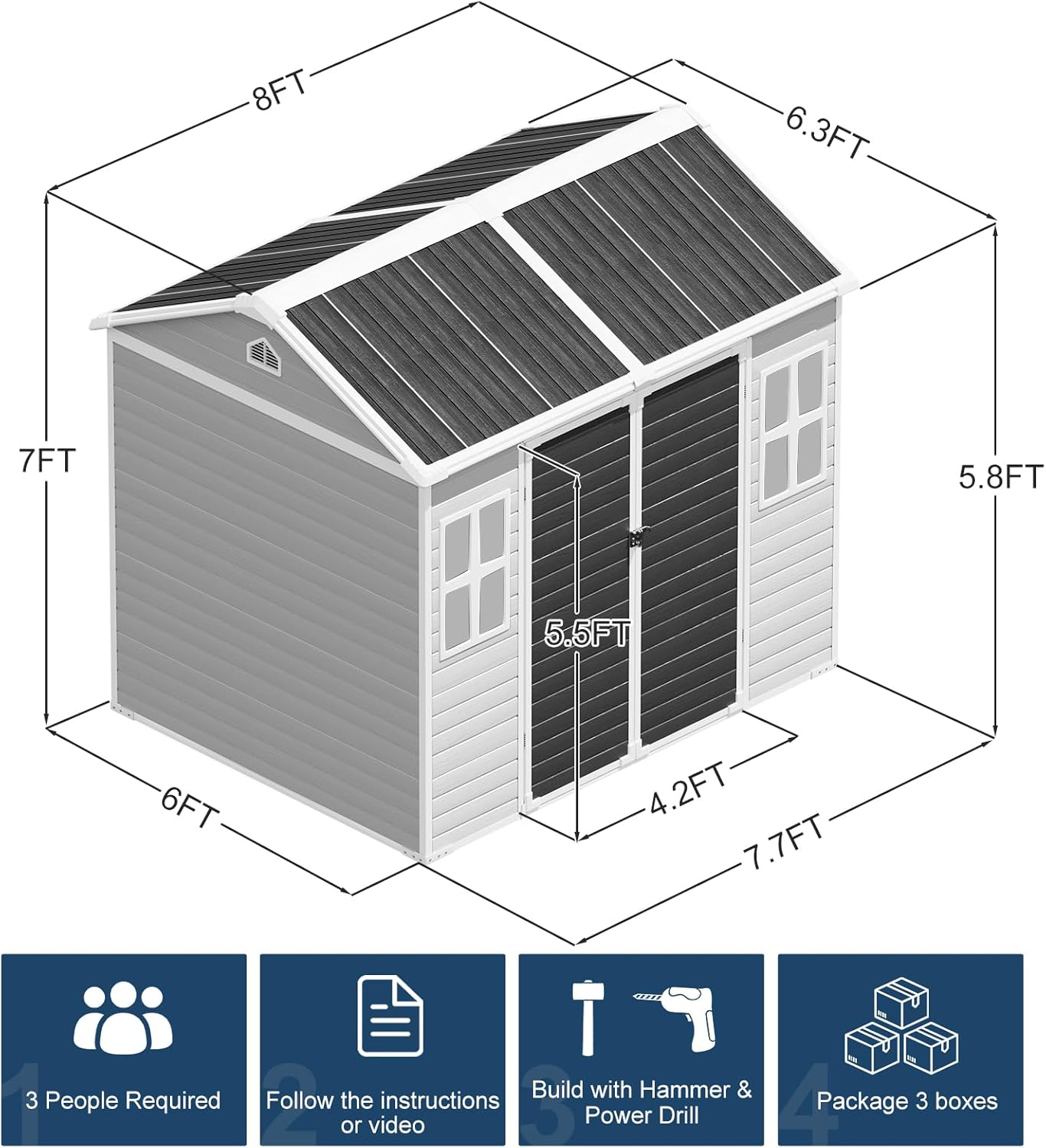 Resin Storage Shed with Floor 8x6x7 FT Outdoor Waterproof Wider Door Plastic Sheds Kit for Backyard Garden Patio Lawn Tools, Gray