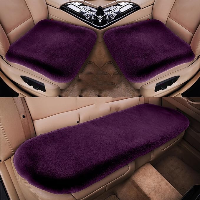 Plush Car Seat Cushion, Soft Warm Fuzzy Faux Rabbit Fur Fluffy Plush Auto Seat Cover Vehicle Car Front and Back Seat Protector Pad with Non-Slip Backing Cushion Interior Universal Fit (Purple1,3PCS)