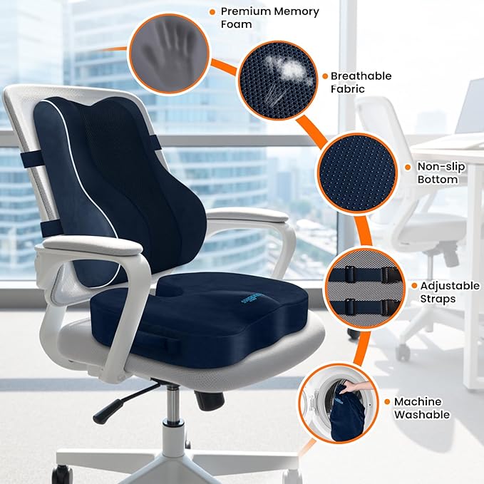 CloudBliss Ergonomic Lumbar Support Pillow Seat Cuhsion - Memory Foam for Lower Back Pain Relief, Adjustable Straps & Mesh Cover for Office, Gaming, Car Seat (Blue)