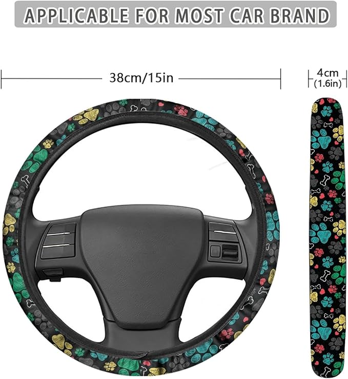 AFPANQZ Puppy Paws Print Steering Wheel Protection Stretch-on Fabric Machine Washable Women Men Neoprene Automotive Steering Wheel Covers Sweat Absorption Comfort Grip for Driver Black Colorful