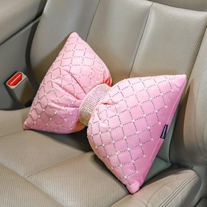 Pink Bow Lumbar Support Pillow for Car Accessory Women Girl Couch Cushion Decorative Back Pillow Bling Rhinestone Pearls 1 Pack