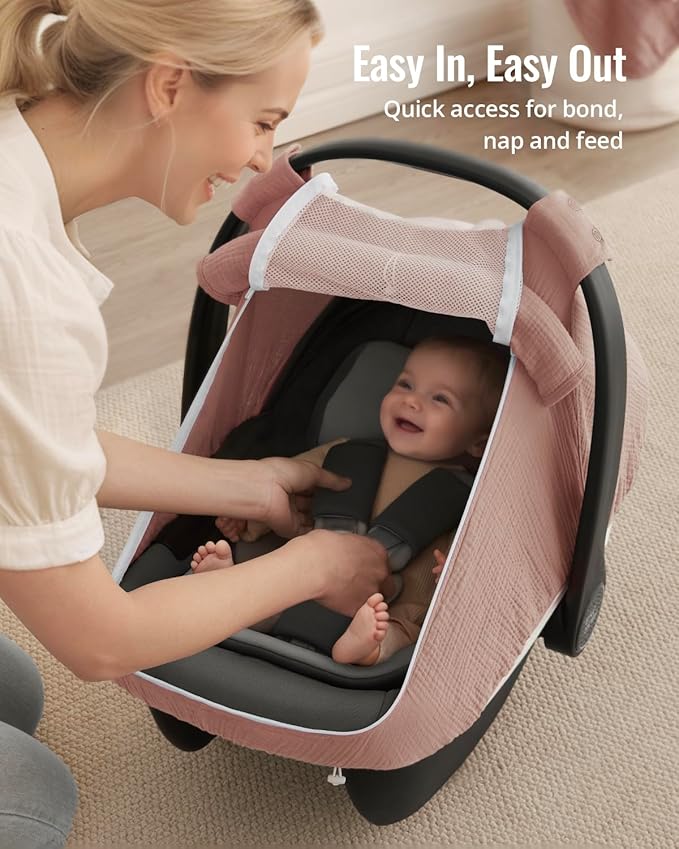 Blissful Diary Baby Car Seat Cover, Extra Large Mesh Window, Breathable Muslin Cotton, Infant Windproof Canopy-Dusty Pink