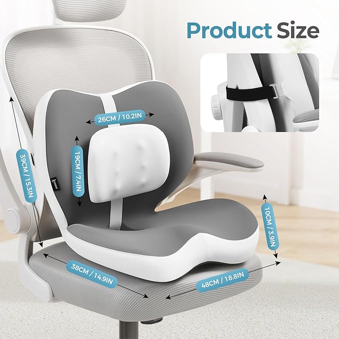 FLORICH 2 in1 Truck Seat Cushion and Lumbar Support Pillow Memory Foam Car Seat Cushion with Adjustable Strap for Truck Driver Long Drives, Fits Semi Truck Seat,Car,Office&Gaming Chair(Light Grey)