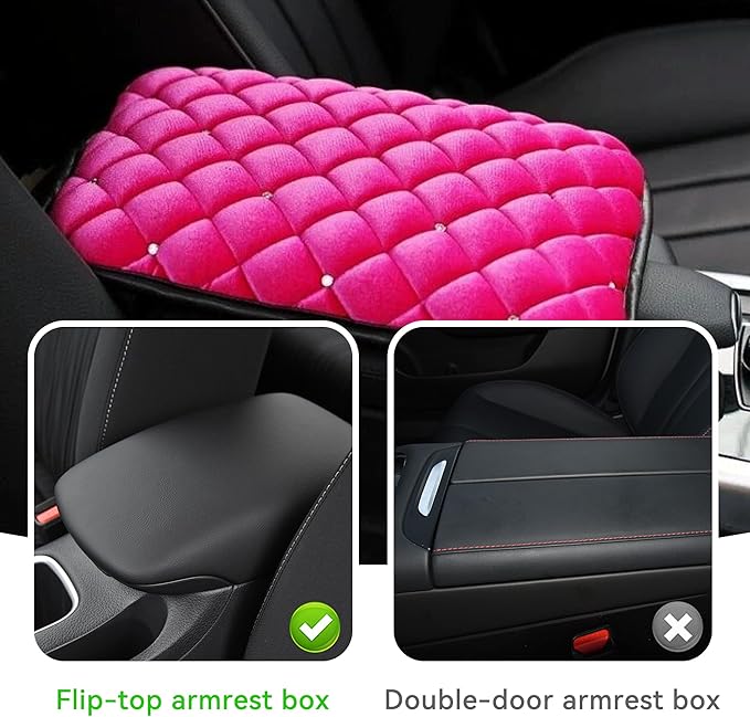 Bling Car Armrest Cover, Crystal Rhinestone Fluffy Automotive Armrest Seat Box Cushion Pad, Soft Comfortable Diamond Car Center Console Cover, Universal Vehicle Accessories (Rose Red)