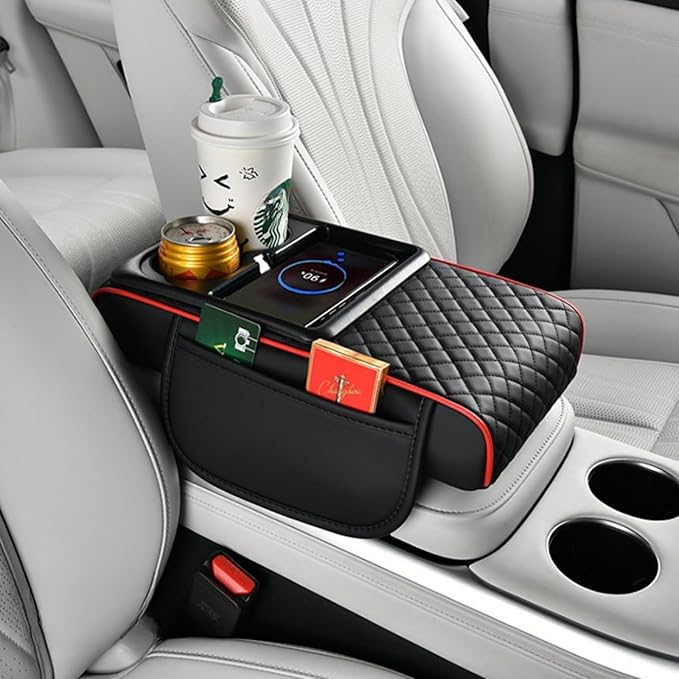 Car Armrest Pad with Built-in Induction Charging, Leather Center Console Cushion with 15W Power Pad, Dual Cup Holders, Storage Pockets - Black-Redline