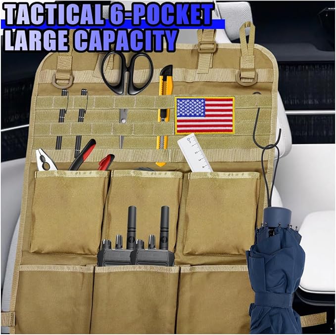 Tactical Molle Panel Car Seat Back Organizer, Waterproof Car Front Seat Protector with Multiple Pockets, Universal Kick Mat for Kids/Pets, Vehicle Backseat Storage Bag for Most Cars (Khaki)