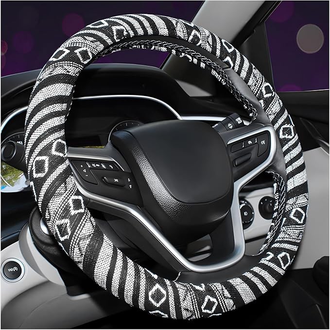 Boho Steering Wheel Cover, 15 Inch Coarse Flax Cloth Ethnic Style Anti-Slip Car Wheel Wrap, Universal Breathable Bohemian Steering Wheel Protector for Cars Vans Trucks (E)