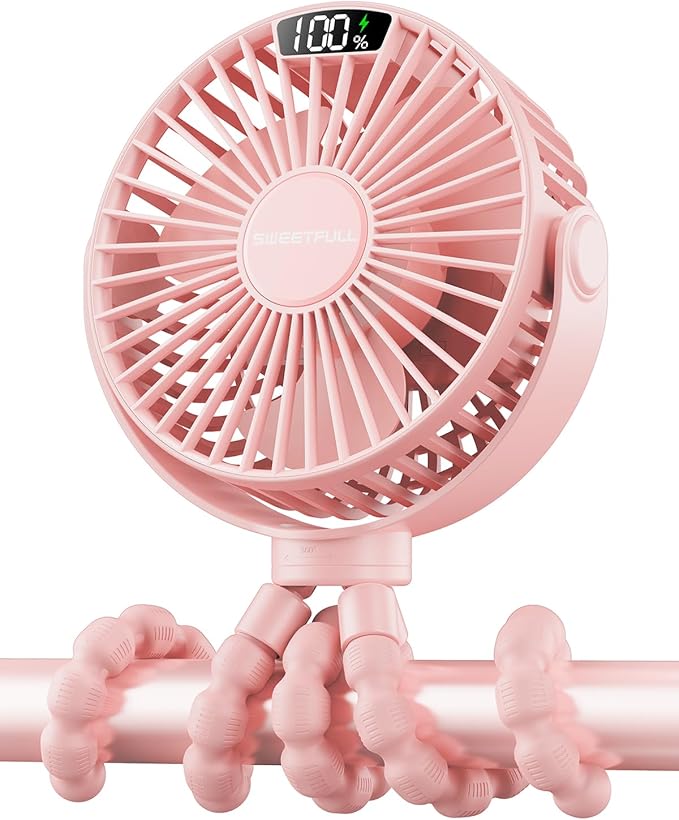 SWEETFULL Portable Stroller Fan with LED Display, 4 Speed Rechargeable Mini Clip On Fan, 360° Rotate Flexible Tripod Better Cooling Small Baby Fan for Car Seat Crib Travel Bike Treadmill (Pink)