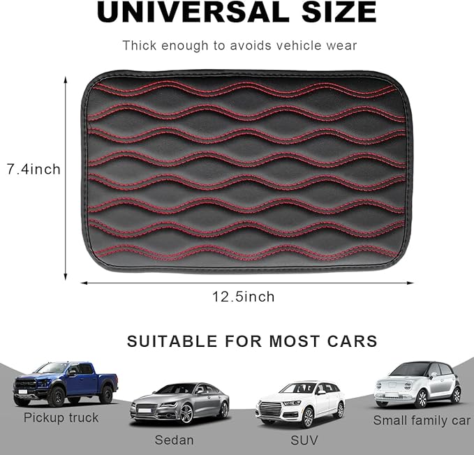 Car Center Console Cushion Pad, 12.48×7.40 Inches Waterproof Car Armrest Seat Box Cover, Comfortable PU Leather Vehicle Armrest Cover Protector, Car Decor Interior Accessories (Black＋Red)