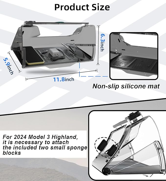 WinDu Under Screen Storage for Tesla Model 3 Y 2016-2025, Open and Close Hideable Center Console Organizer Tray with Anti-Slip Silicone Pad, Interior Accessories