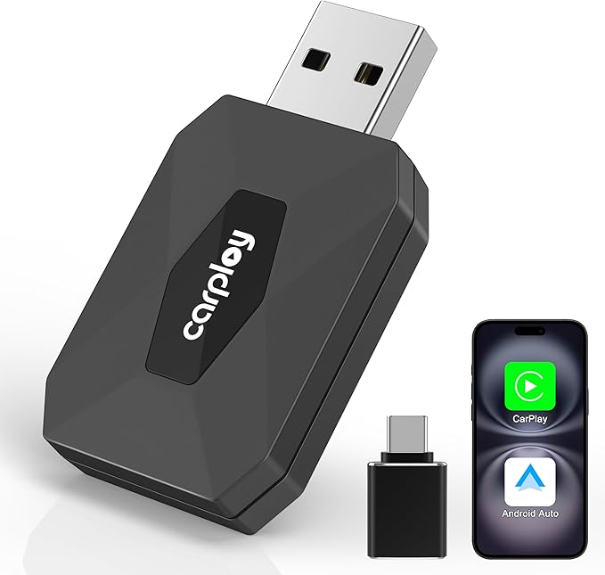 Wireless CarPlay Adapter for iPhone – Converts Wired to Wireless CarPlay for Android Auto with Fast Stable 5.8GHz & Bluetooth Connect & Plug and Play USB & USB-C – No Delay Apple CarPlay, Black