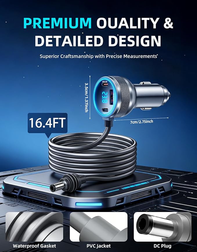 Starlink Mini Cable, 4-in-1 Starlink Mini Car Charger DC Power Cable + 12V-48V Cigarette Lighter Adapter with Digital Display, USB-C PD 45W and Dual USB-A 35W Ports for Cars, Suitable for Car (16.4FT)