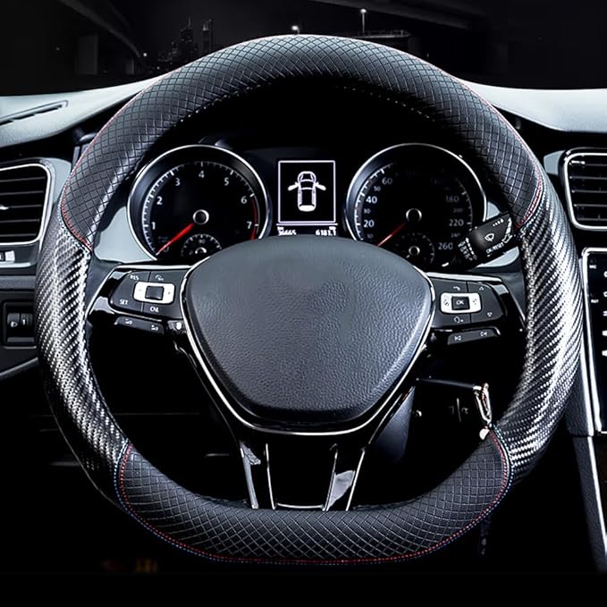 Car Carbon Fiber and Leather D-Shape Steering Wheel Cover, Stylish car Non-Slip Leather car Interior 15 inches Universal Red and Blue