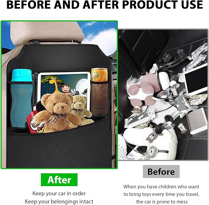 2PCS Car Backseat Organizer, Multi-Pocket Back Seat Protector with 10.2" Tablet Holder, Waterproof Oxford Fabric Storage Bag Auto Kick Mat for Kids Toddlers (C with Large Pocket)