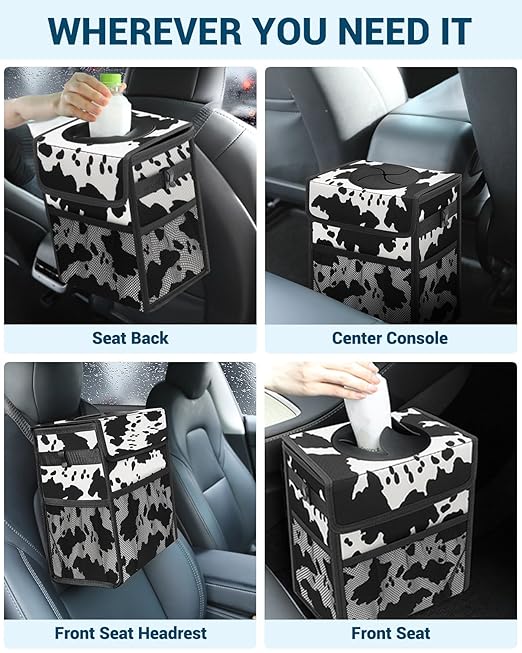 Capolo Car Trash Can with Lid, Leakproof Car Trash Bag Hanging Waterproof Automotive Garbage Can with Storage Pockets Mini Vehicle Trash Bin for Back/Front Seat(Cow Print,2.5 Gallon)