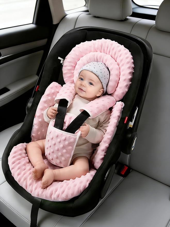 Infant Car Seat Insert with Extra Cushion for Preemie to Toddler, Reversible Newborn Carseat Insert for Baby Head Body Support, Fits for Stroller, Baby Swing, Bouncer - Dots, Pink